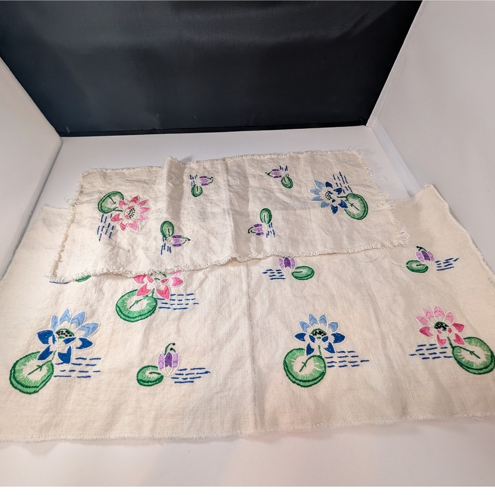 Vintage Hand Embroidery Water Lily Lotus Fabric Panels Unfinished Textile Art